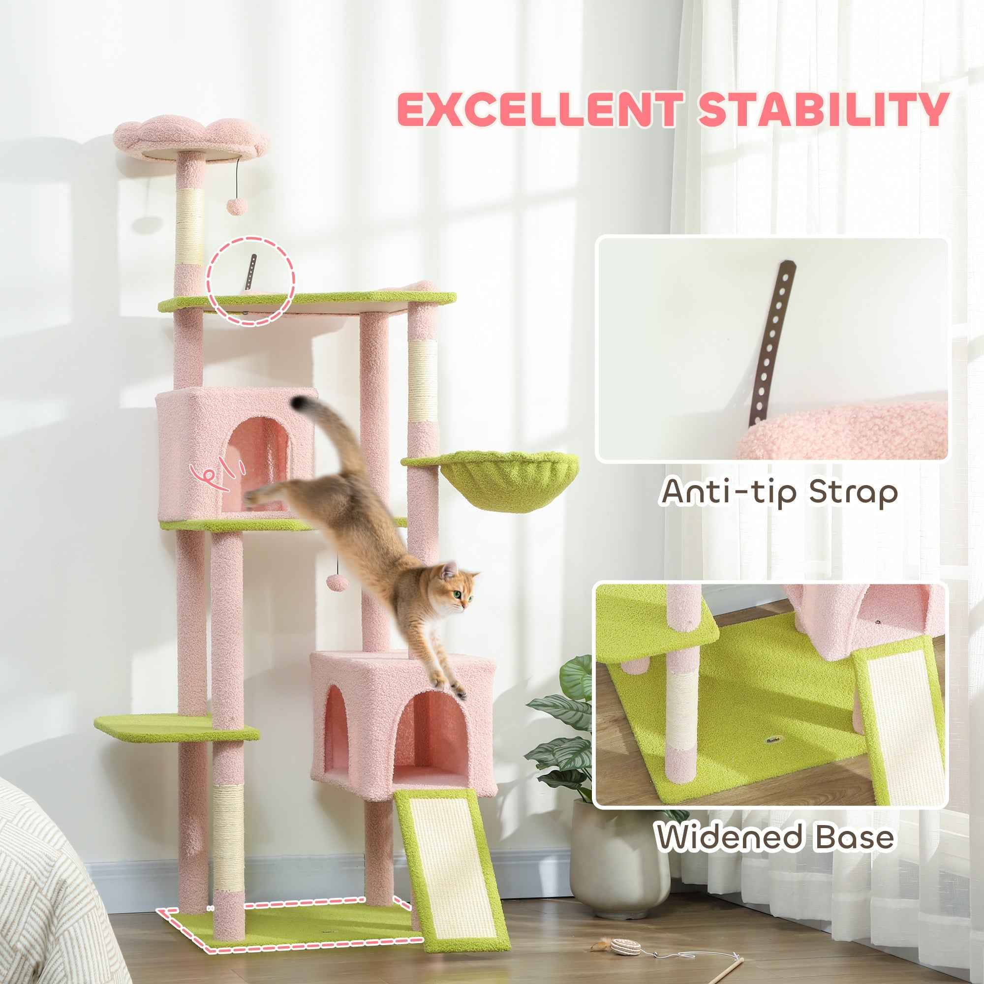 74" Flower Cat Tree, Large Cat Tower with Scratching Post & Board for Indoor Cats, Pink