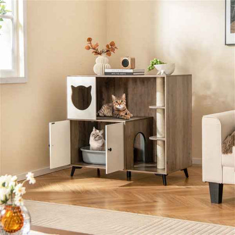 Cat Litter Box Enclosure Cabinet - 3-in-1 Scratching Post Condo Furniture