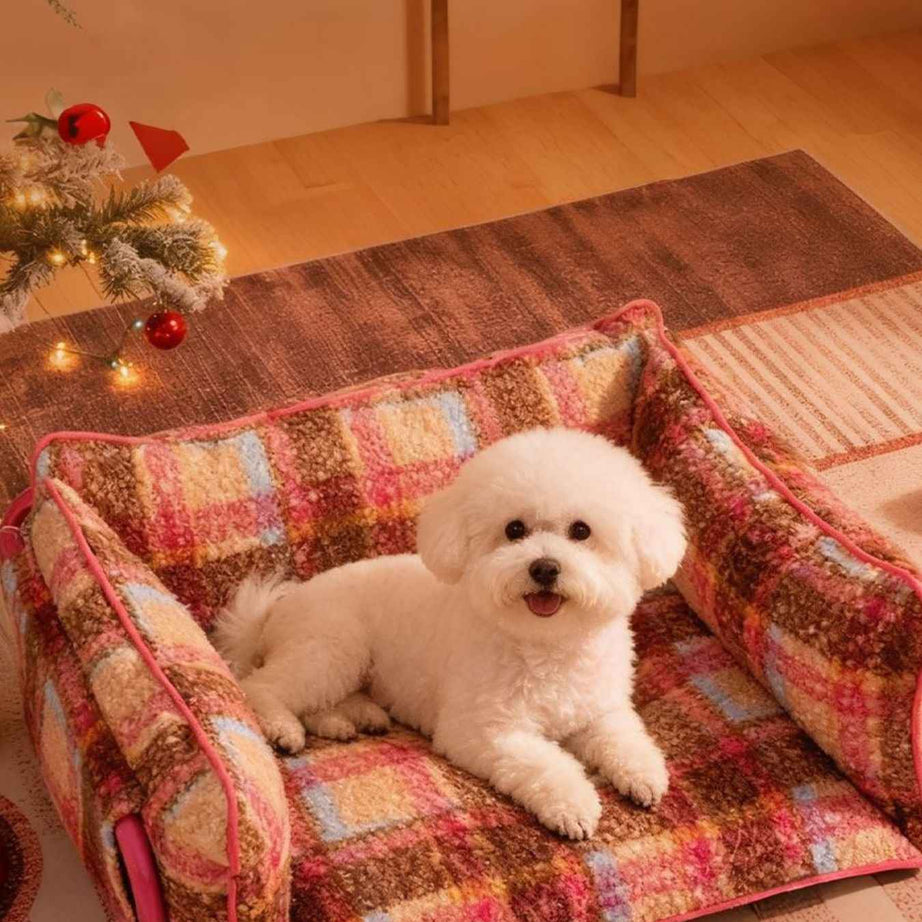 Pet Plaid Sofa Bed Plush - Foldable Couch for Cats and Dogs