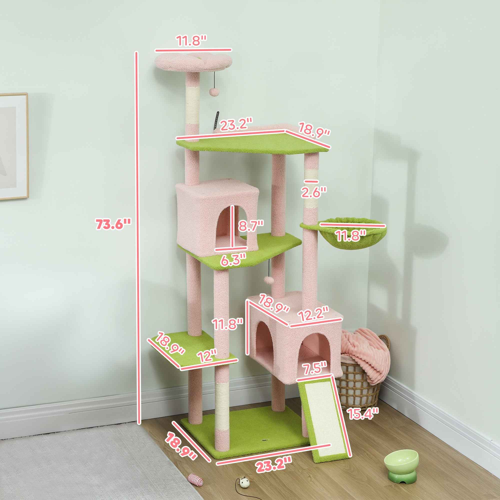 74" Flower Cat Tree, Large Cat Tower with Scratching Post & Board for Indoor Cats, Pink