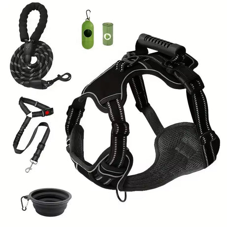 Tactical Dog Harness Set with Car Seat Belt & Travel Bowl