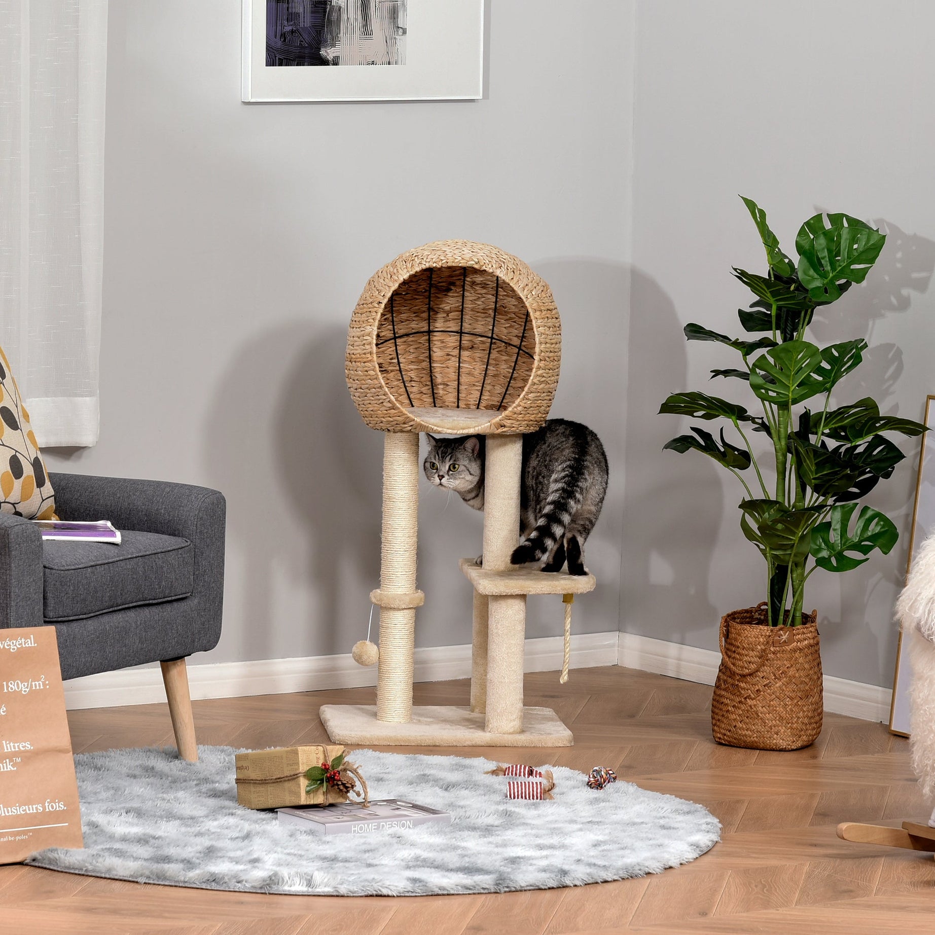 Cat Tree Condo with Sisal Post - Hanging Rope Toy Included