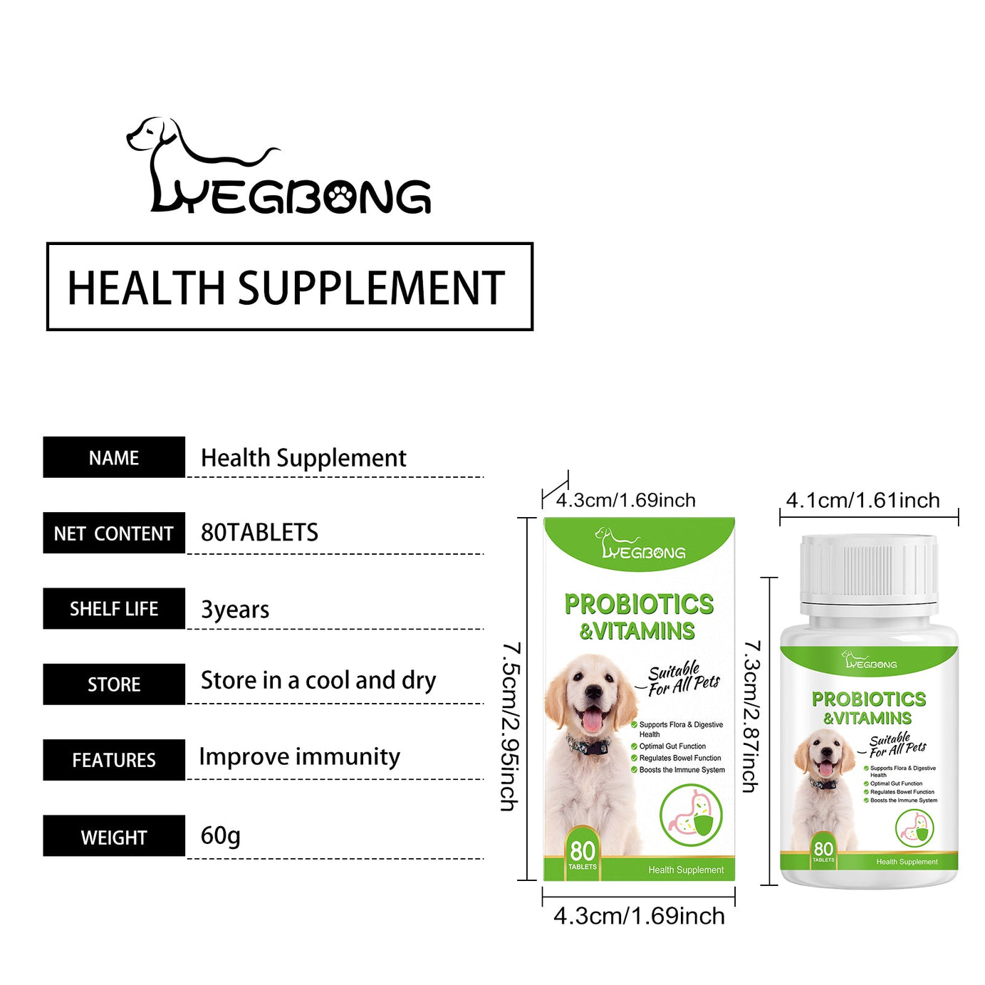 Pet Probiotic Vitamin Tablets 80 Count - Gut Health Dogs and Cats