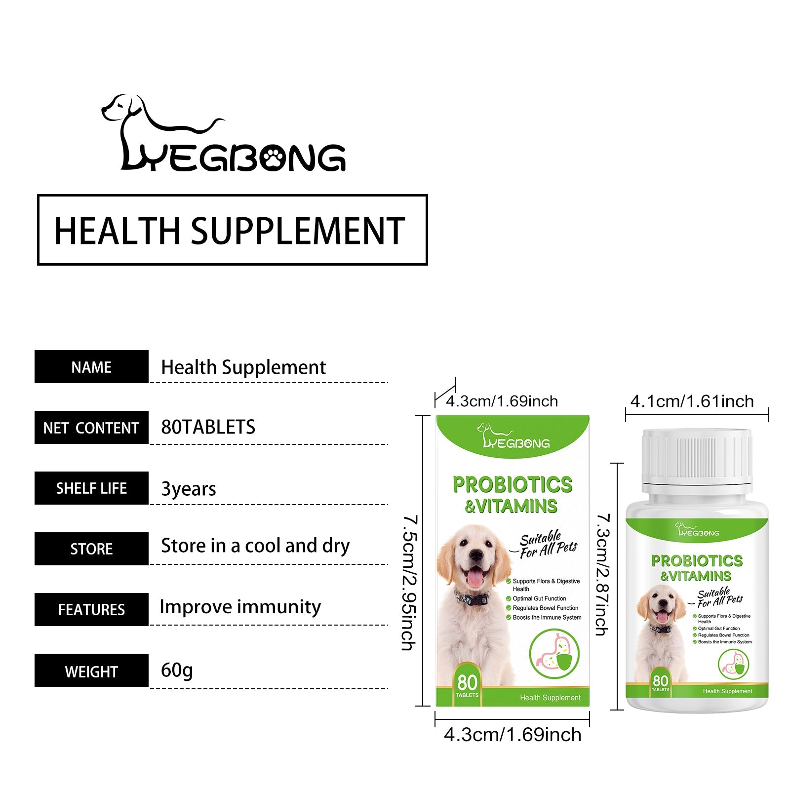 Pet Probiotic Vitamin Tablets 80 Count - Gut Health Dogs and Cats