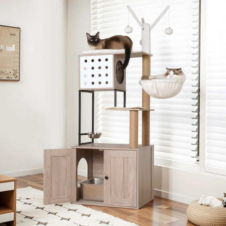 Cat Tree With Litter Box Enclosure - Modern 3-in-1 Cat Condo With Scratching Posts