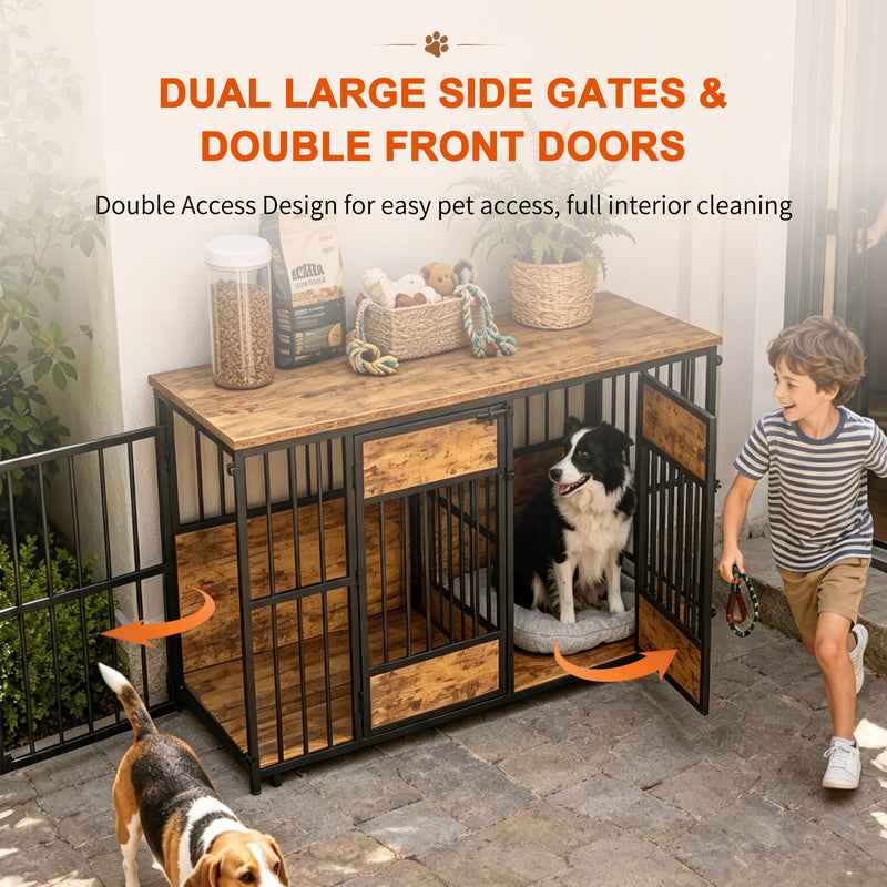 Dog Crate Furniture - Double Compartment Kennel with Storage Top 47 Inch