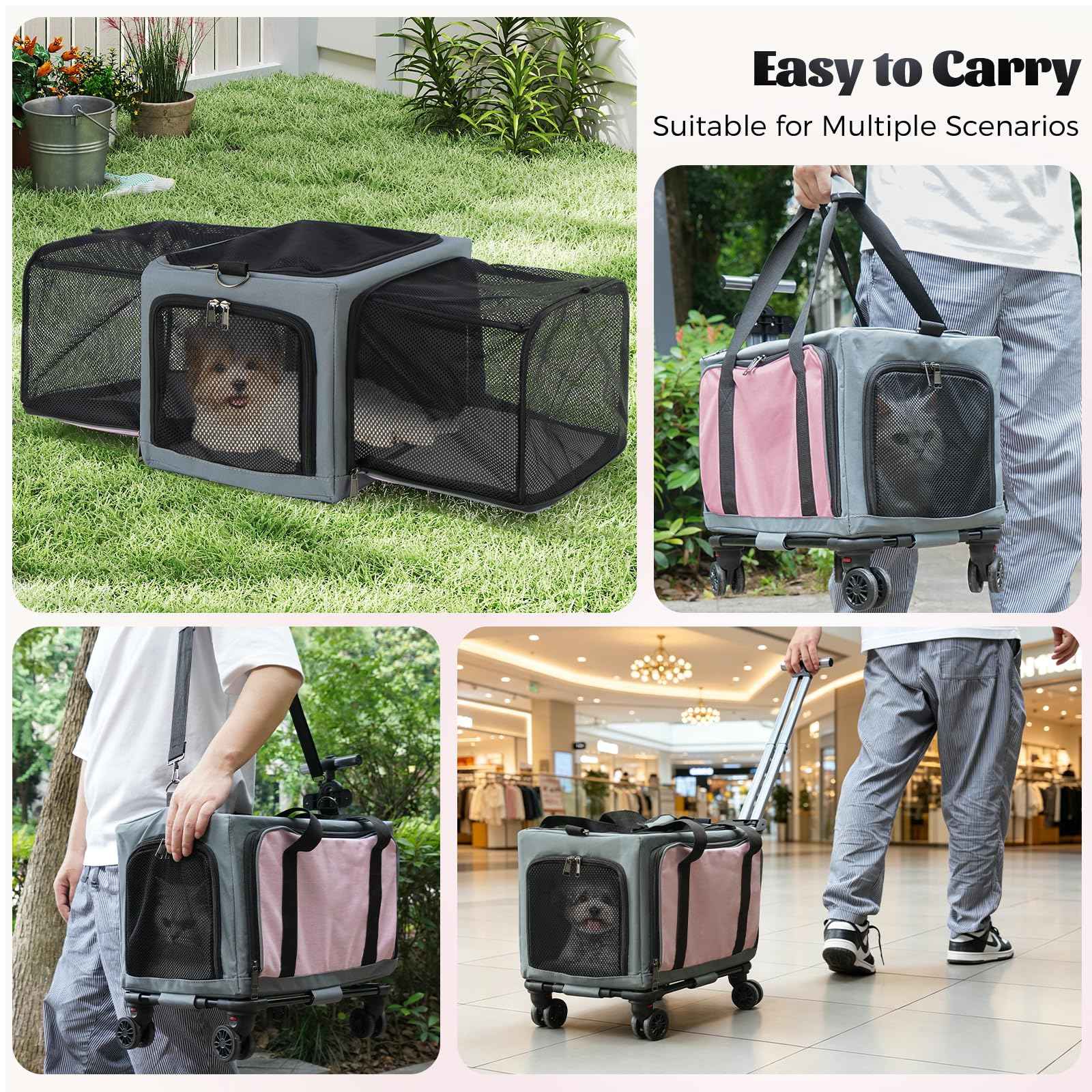 Rolling Pet Carrier with Wheels - 3-Sided Expandable Travel Bag Cats Dogs