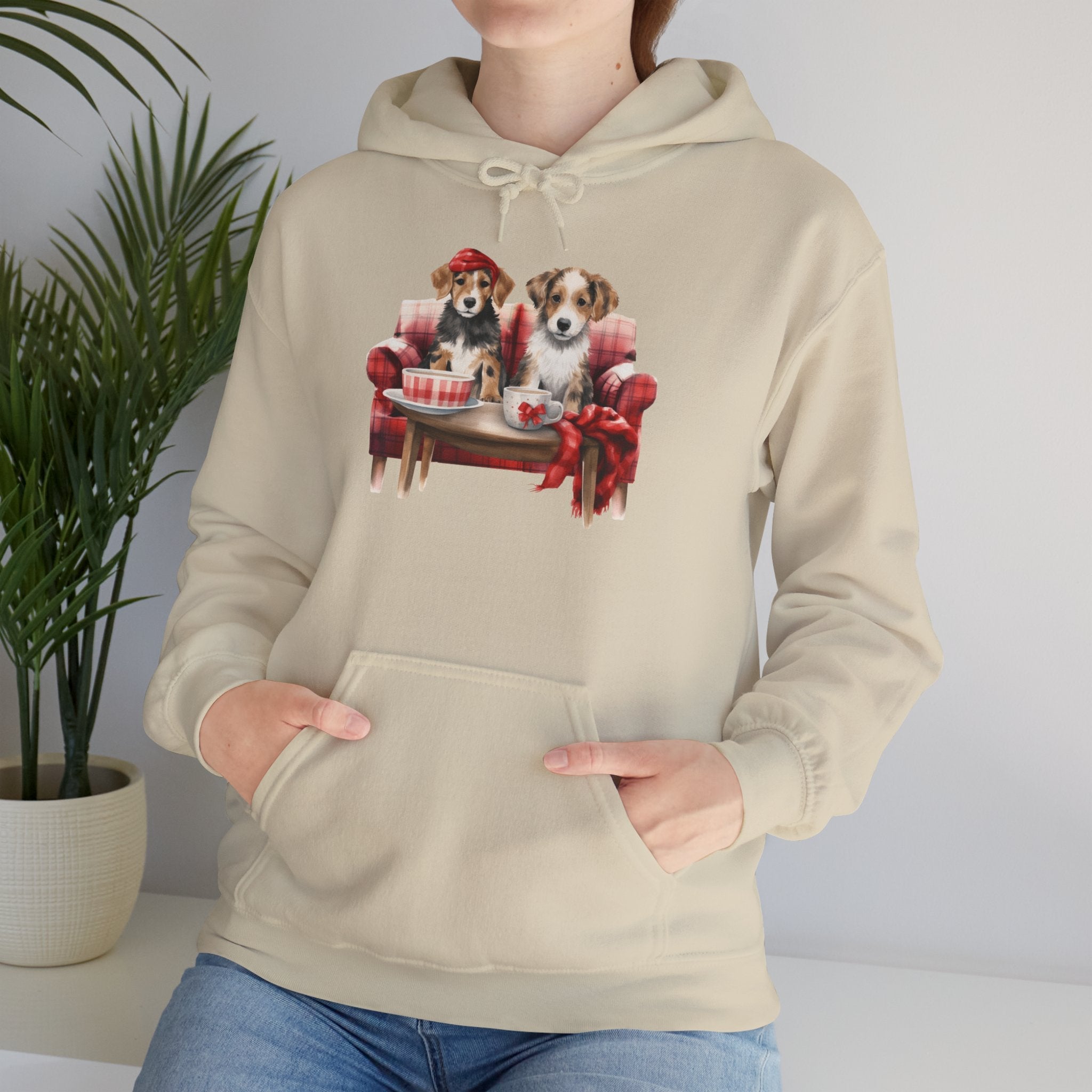 Christmas Hoodie - Festive Puppies on Sofa Design