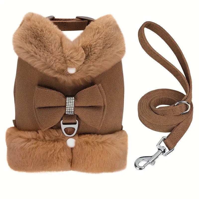 Warm Fur Collar Soft Padded Small Girl Pet Harness and Leash Set with Bow Tie