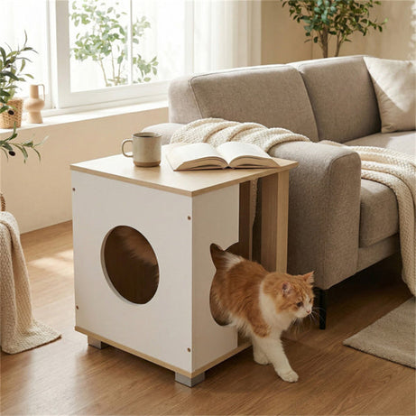 Multipurpose Wooden Cat House Nightstand, Sturdy Metal Base Anti-Slip Pet Furniture