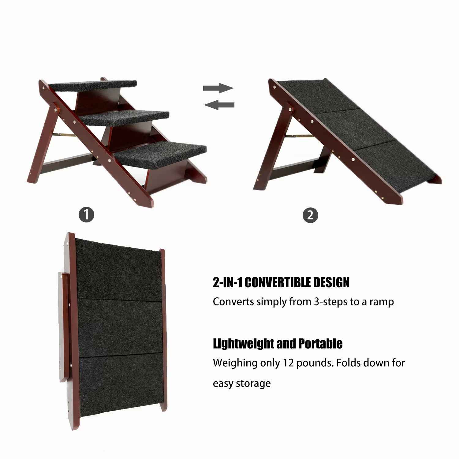 Wood Pet Stairs Pet Steps Foldable 3 Levels Dog Stairs & Ramp Perfect For Beds And Cars Portable Dog Cat Ladder Up To 110 Pounds