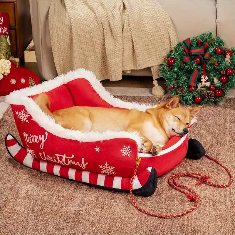 Christmas Sled Pet Bed with Reindeer Design for Small Dogs