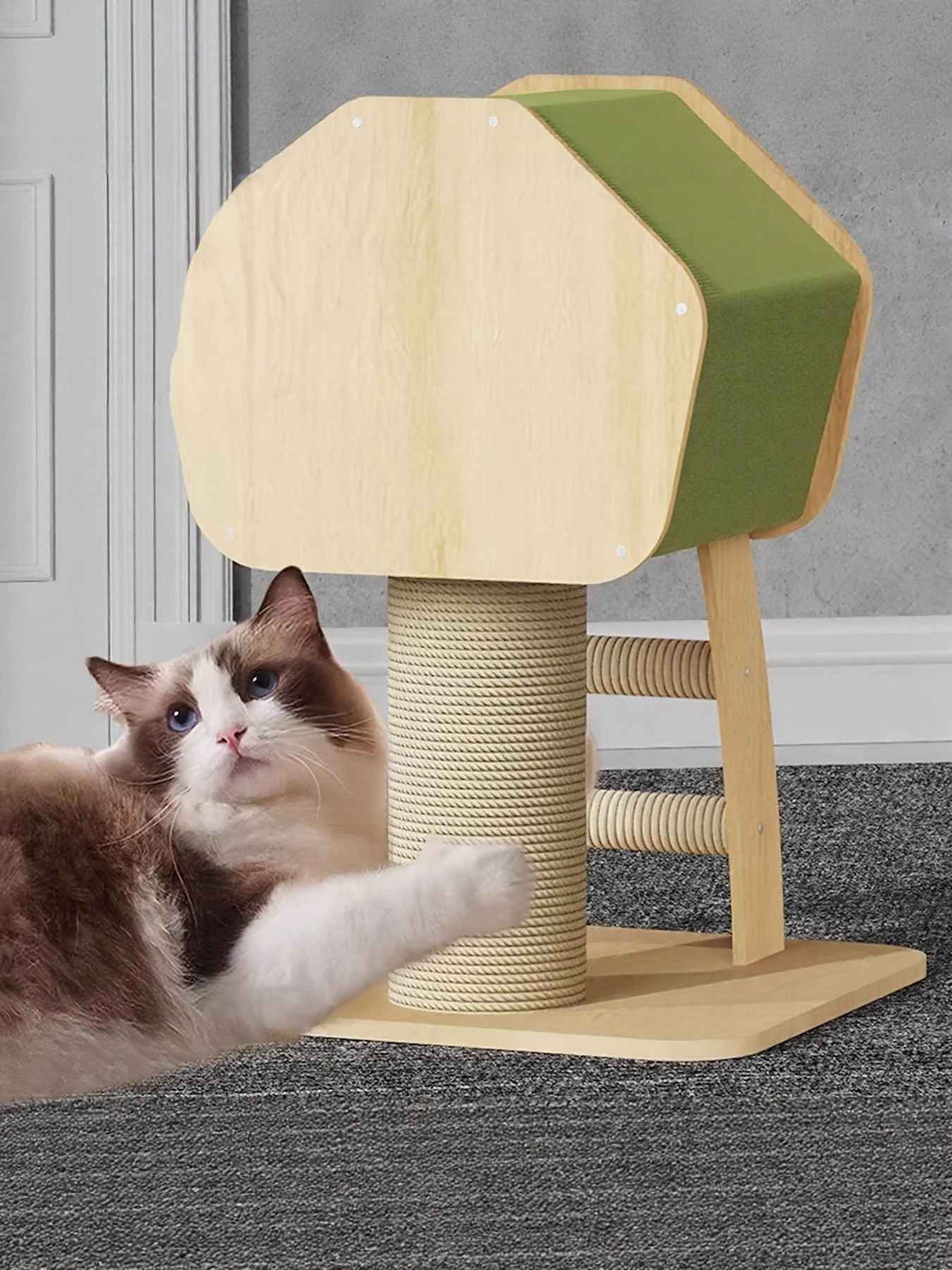 Cat Condo Wooden Tower - Modern Sisal Scratching Post 3 Styles