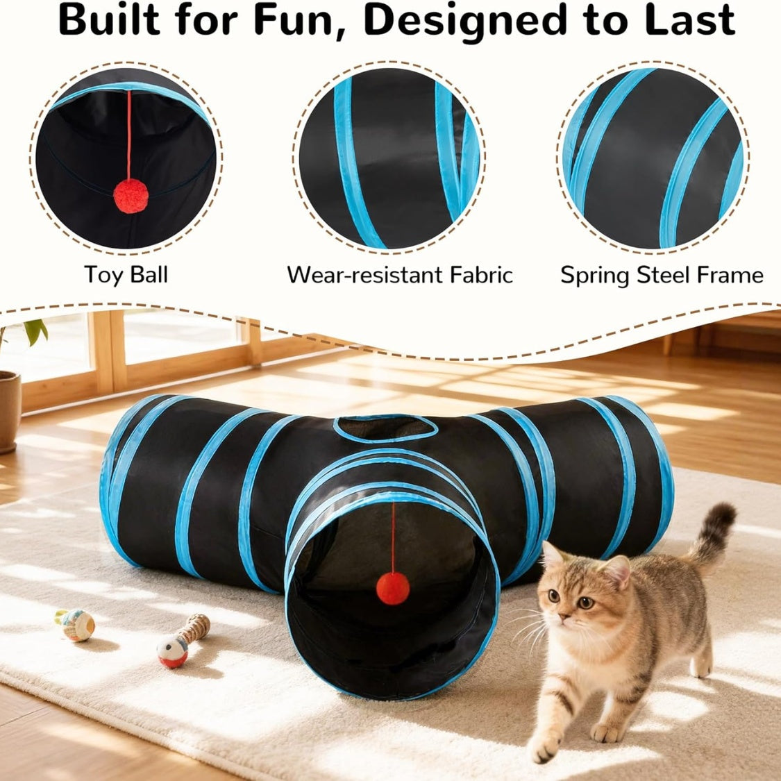 Cat Tunnel Toy 3-Way Collapsible - Peek Holes Teaser Wand Indoor Play