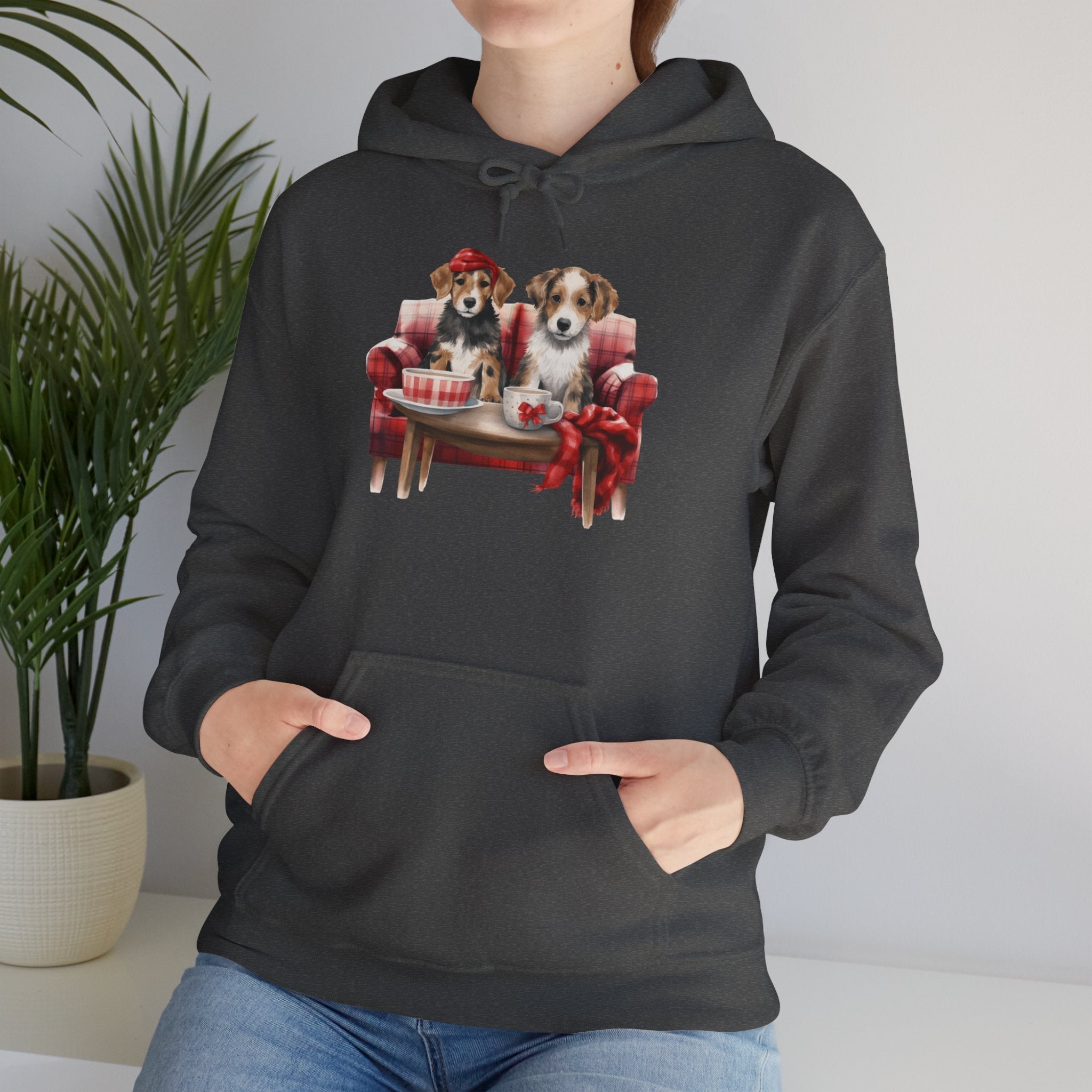Christmas Hoodie - Festive Puppies on Sofa Design