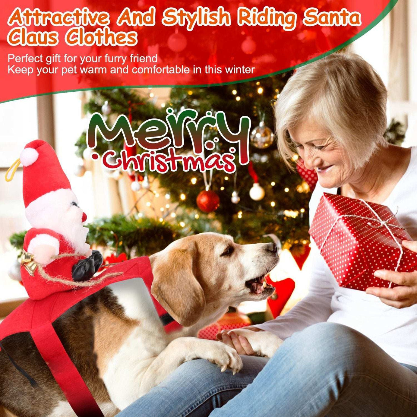 Christmas Santa Pet Outfit - Riding Style with Bell