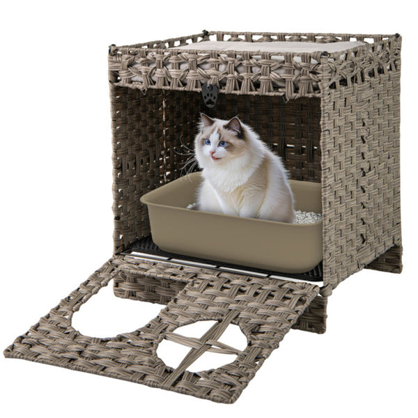 2-Tier Wicker Cat Condo With Litter Mat - Hidden Litter Box Enclosure