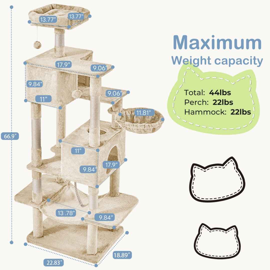 66-Inch Cat Tree Tower - Multi-Level with 2 Condos & Hammock