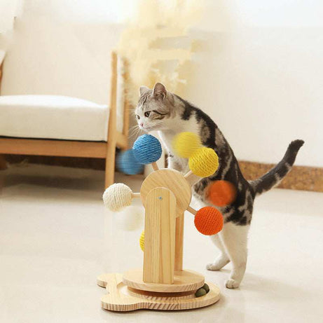 Interactive Wooden Cat Scratch Toy with Rotating Balls