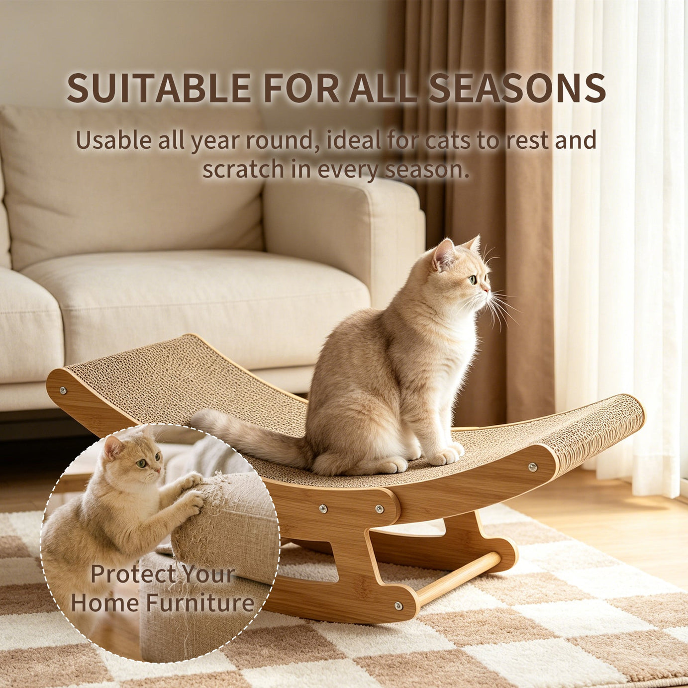 Cat Rocking Scratcher Lounge - 2-in-1 Bamboo Corrugated Cardboard Bed