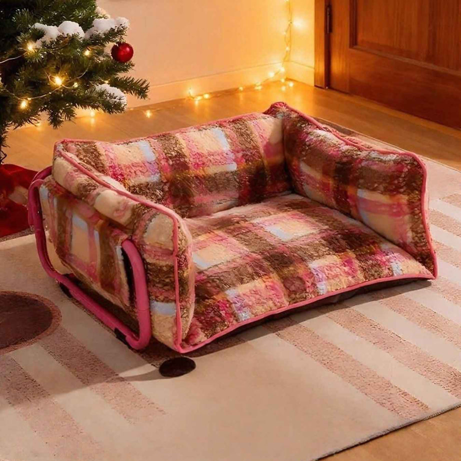 Pet Plaid Sofa Bed Plush - Foldable Couch for Cats and Dogs
