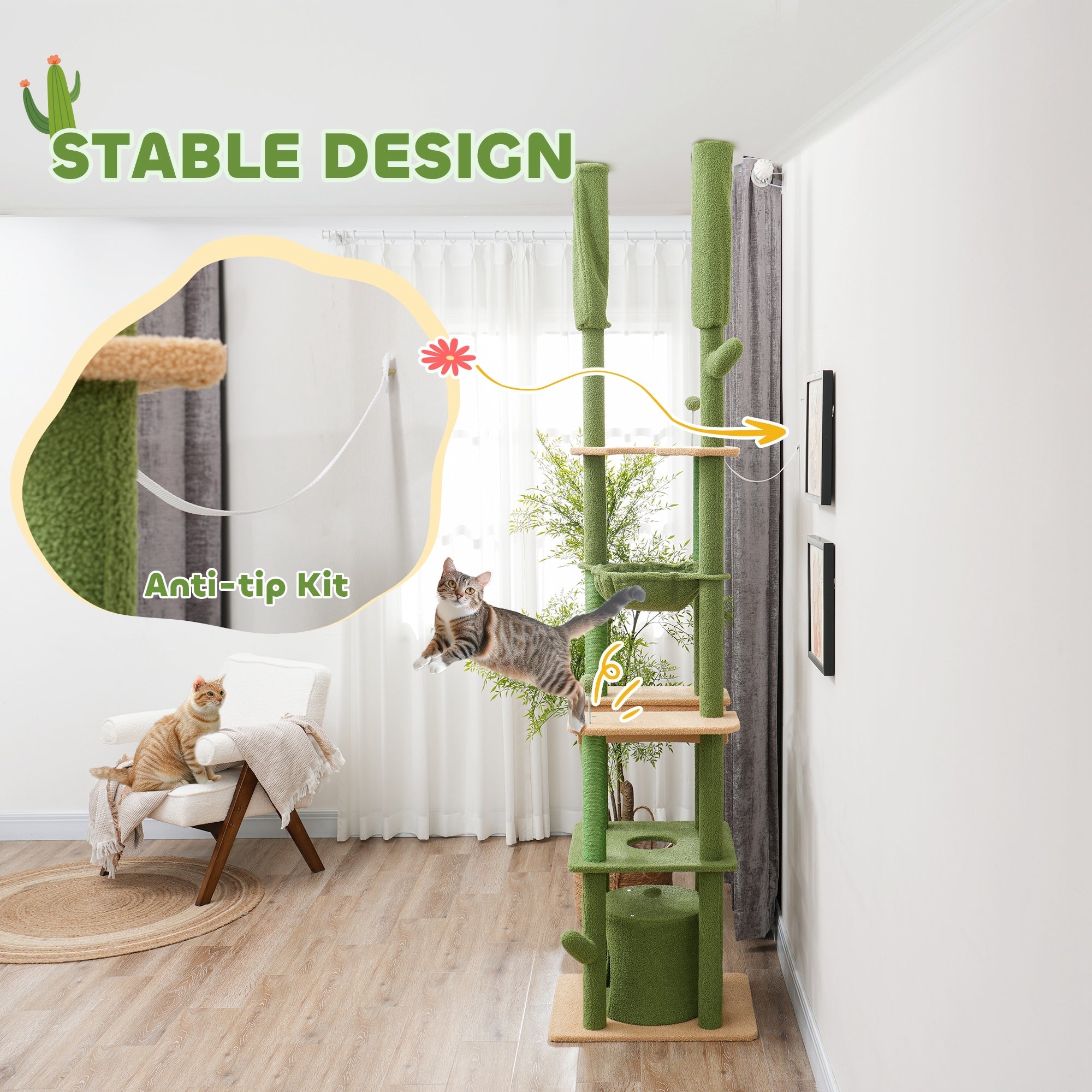 Cat Tree Floor to Ceiling 89-100 Inch - Condo Hammock Grooming Post