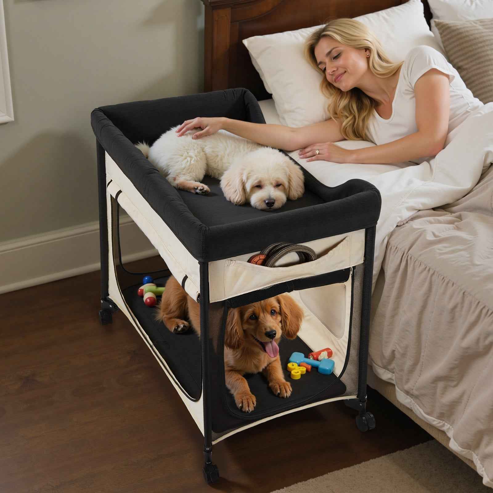 Elevated Bunk Dog Bed - Dual Level Bedside with Wheels