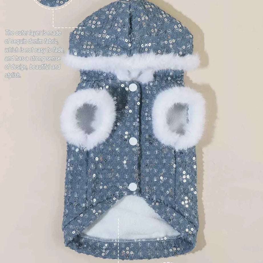 Sequin Pet Coat - Fur Trim Hoodie