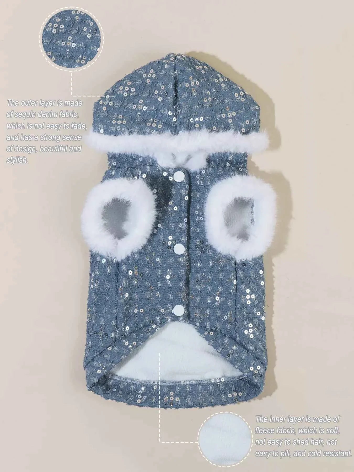 Sequin Pet Coat - Fur Trim Hoodie