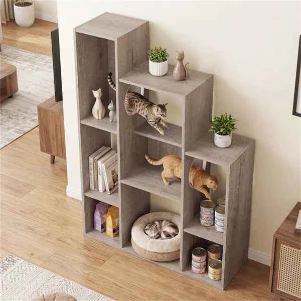 Cat Bookshelf Cabinet Gray Oak - Storage Climbing Platforms