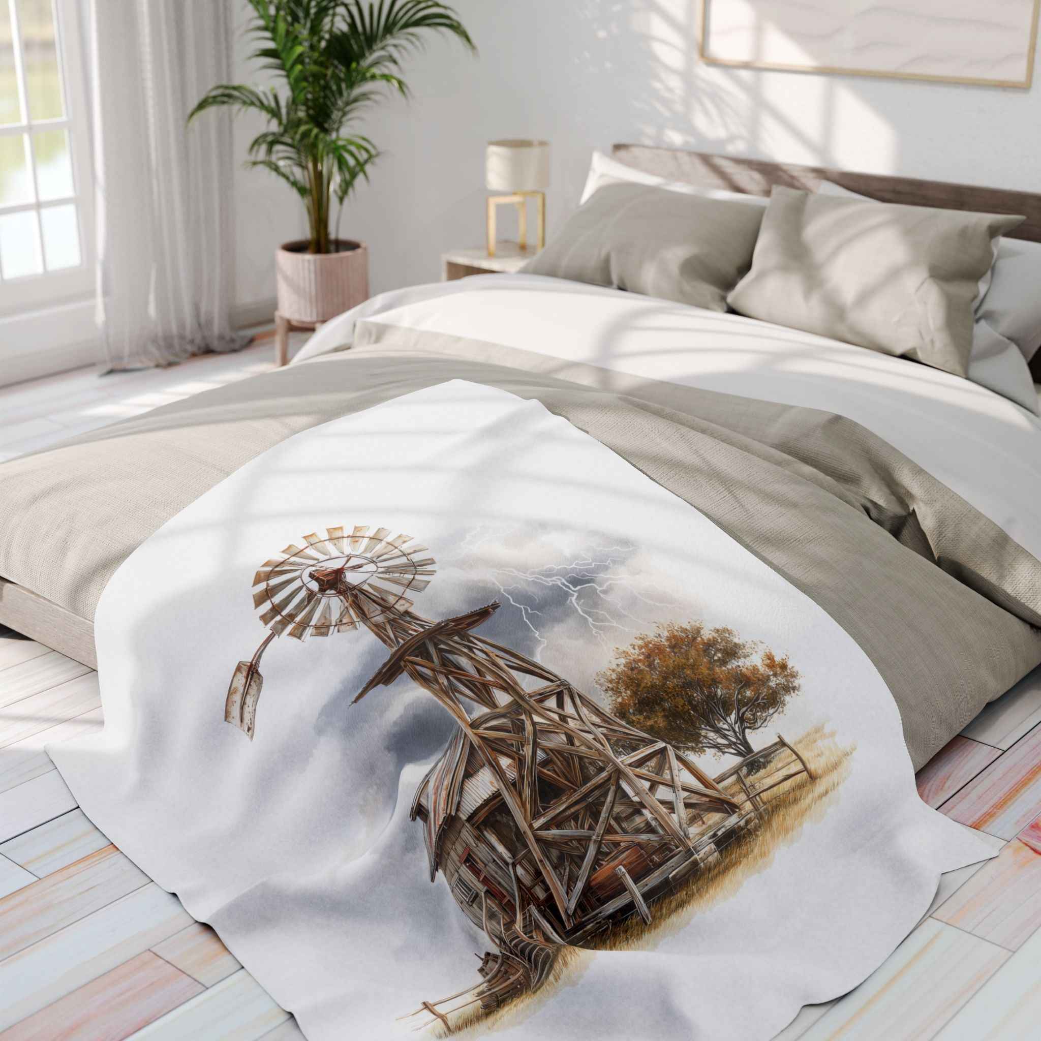 Windmill Farm Fleece Blanket — Rustic Windmill & Storm Sky Throw