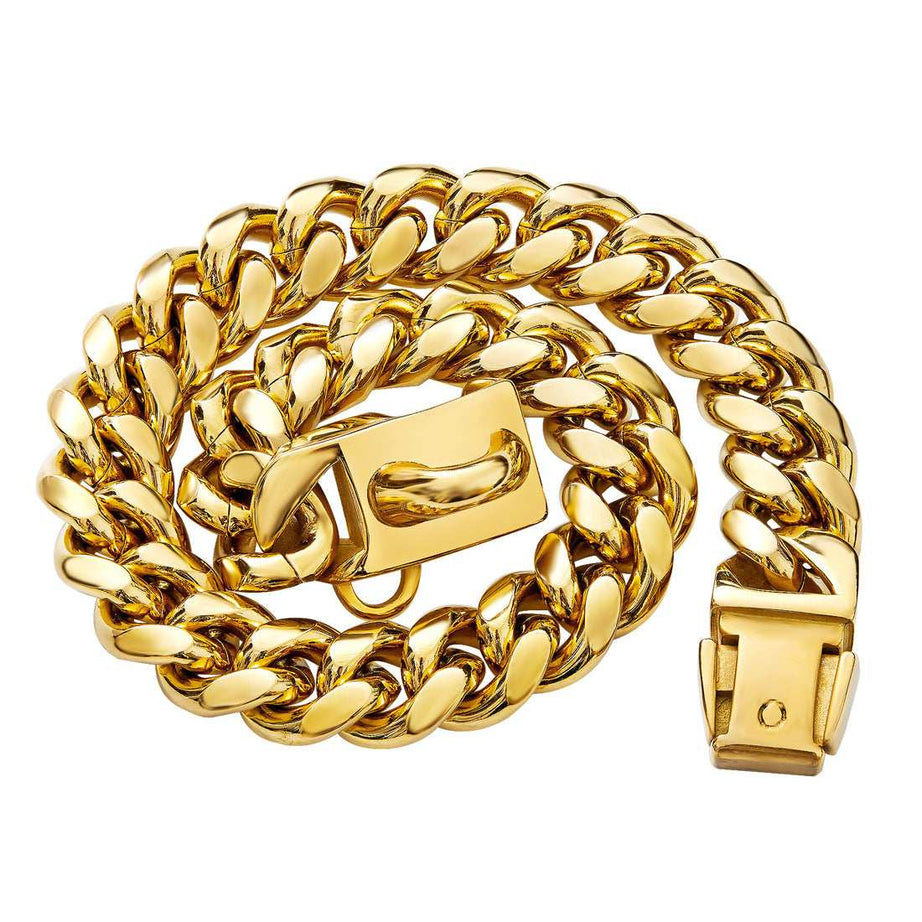 Stainless Steel Cuban Chain Lock Buckle Gold Silver Black Pet Dog Collar