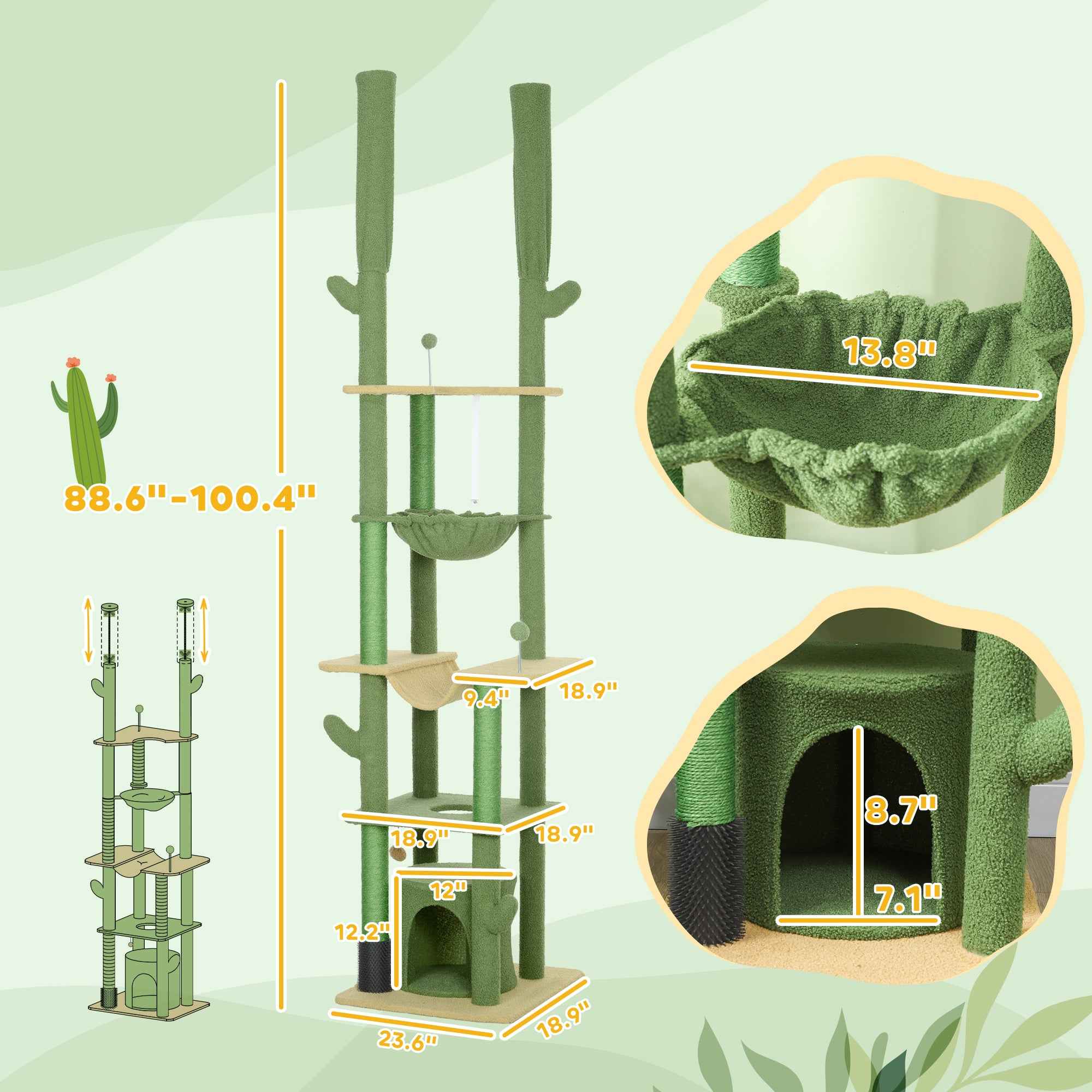Cat Tree Floor to Ceiling 89-100 Inch - Condo Hammock Grooming Post
