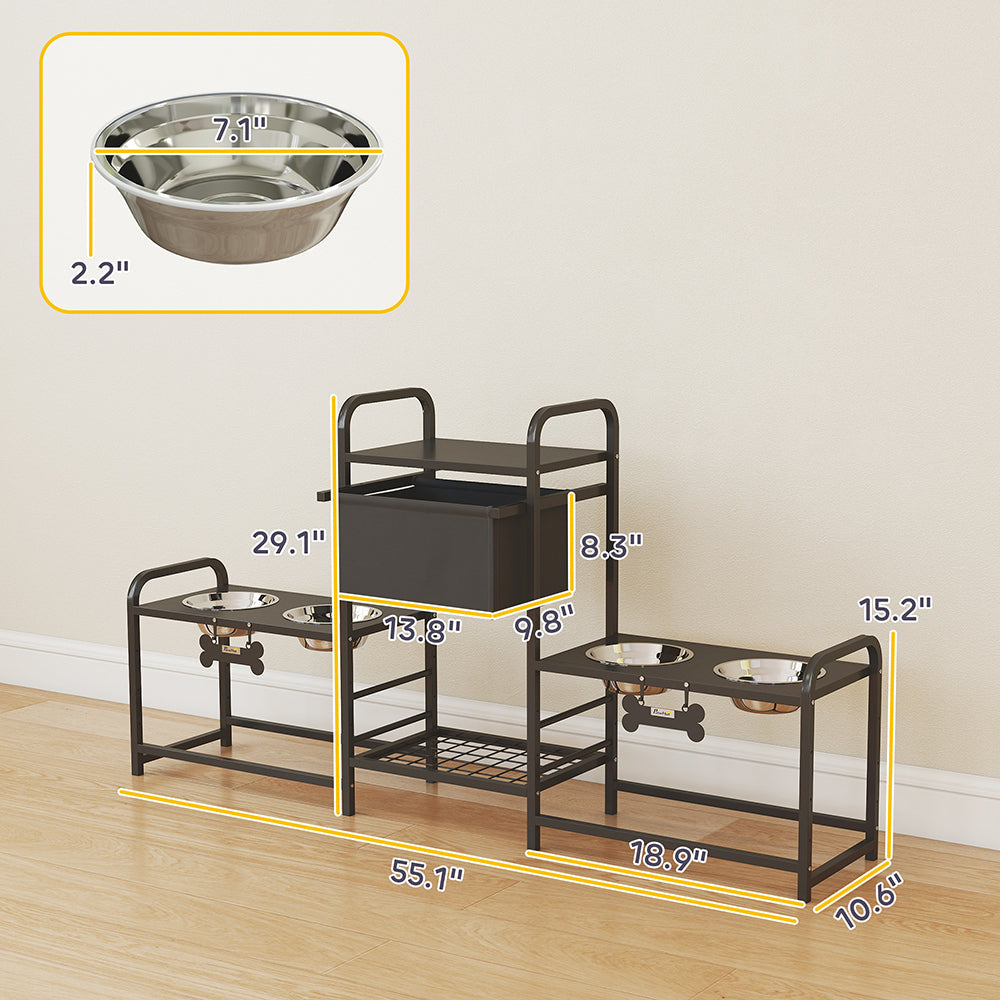 Dog Bowl Stand Dual Station - 4 Bowls 3 Heights Storage Bin