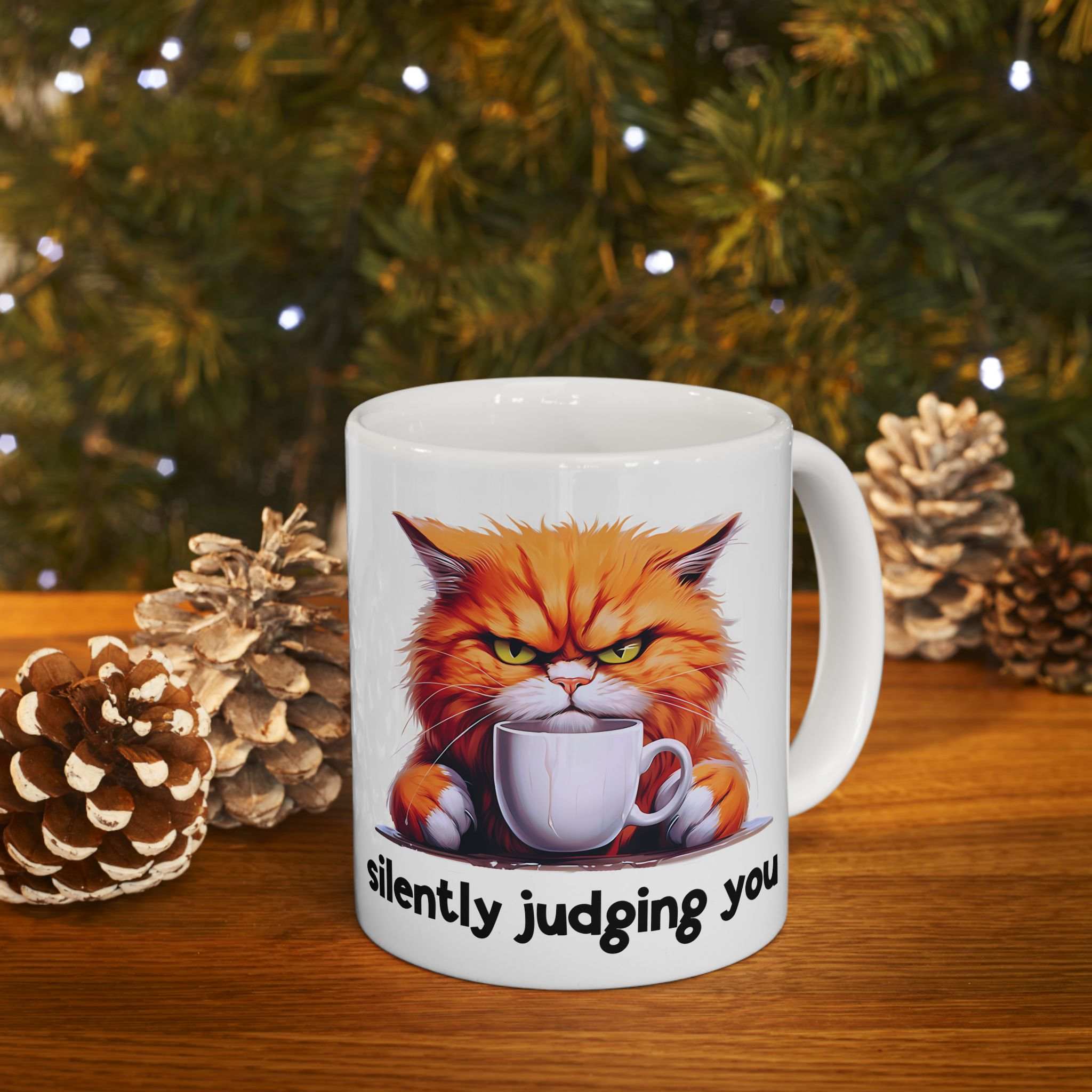 Funny Cat Ceramic Mug - 'Judging You Silently' (11oz, 15oz)