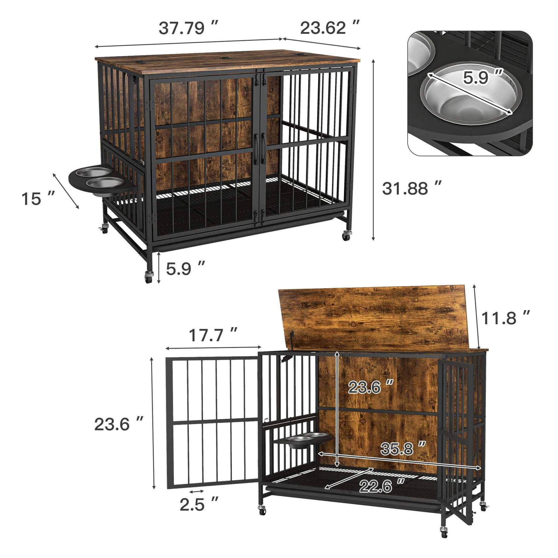 Multifunctional Furniture Crate Dog Cage with Removable Trays and Feeding Station