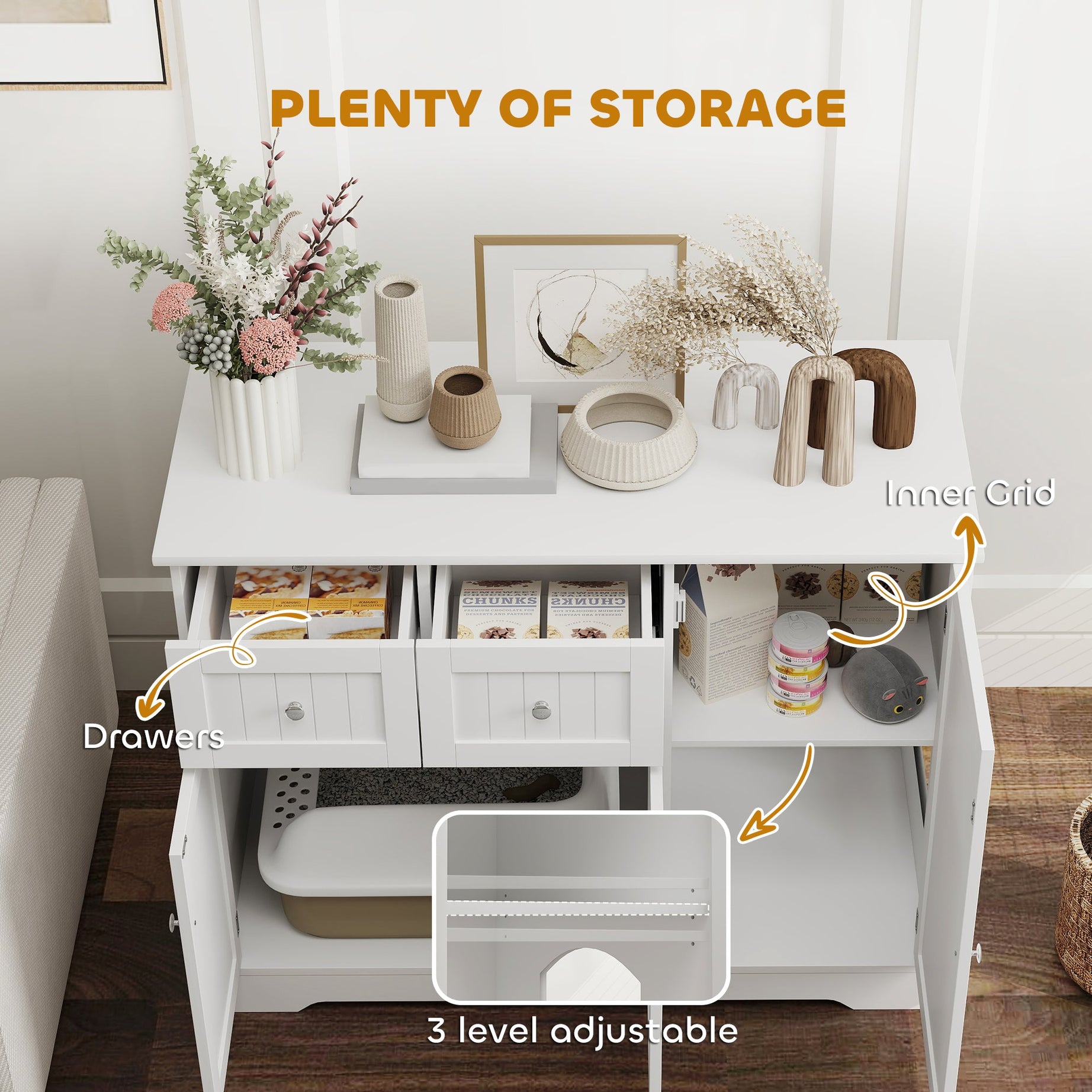 White Cat Litter Box Enclosure - Drawers and Storage