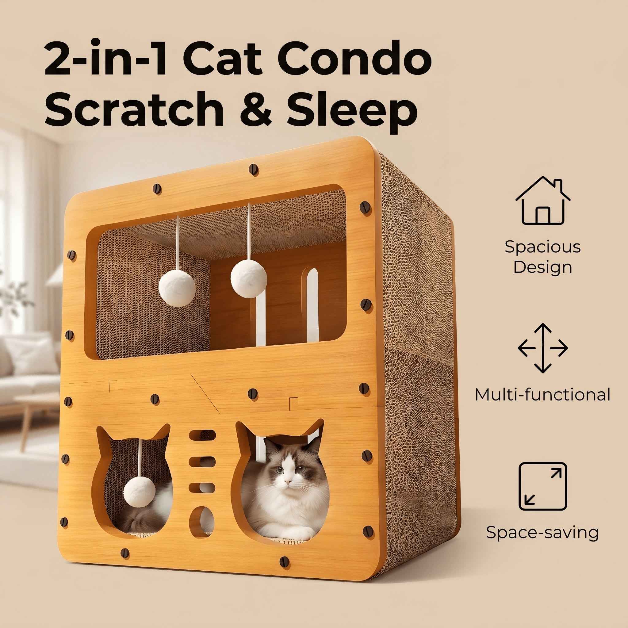 2-Tier Corrugated Cardboard Cat House & Scratcher Lounge Villa