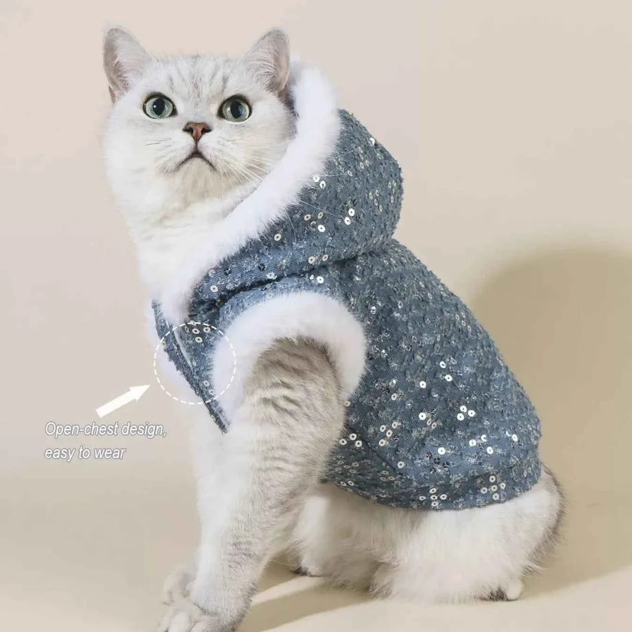 Sequin Pet Coat - Fur Trim Hoodie