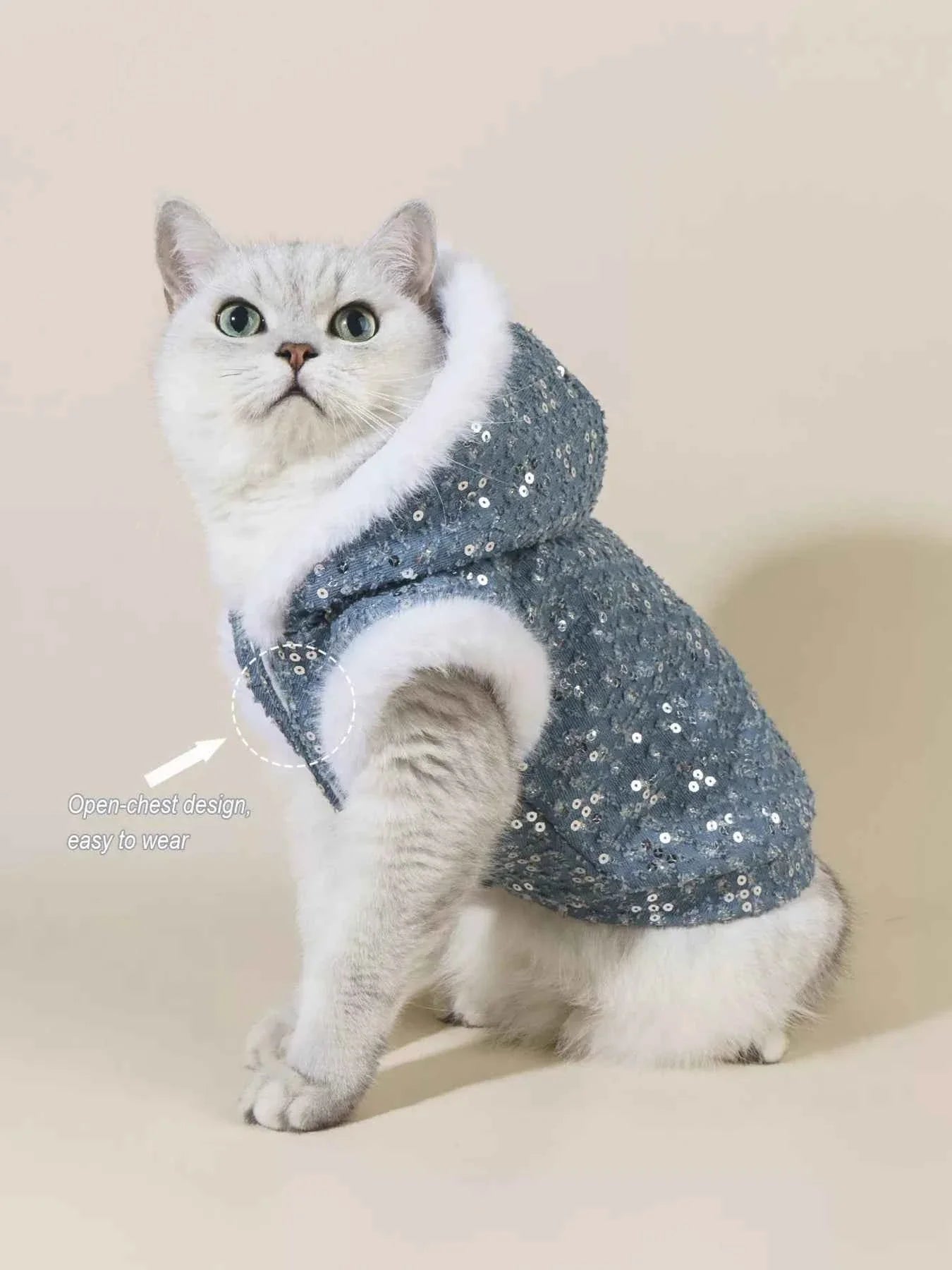 Sequin Pet Coat - Fur Trim Hoodie