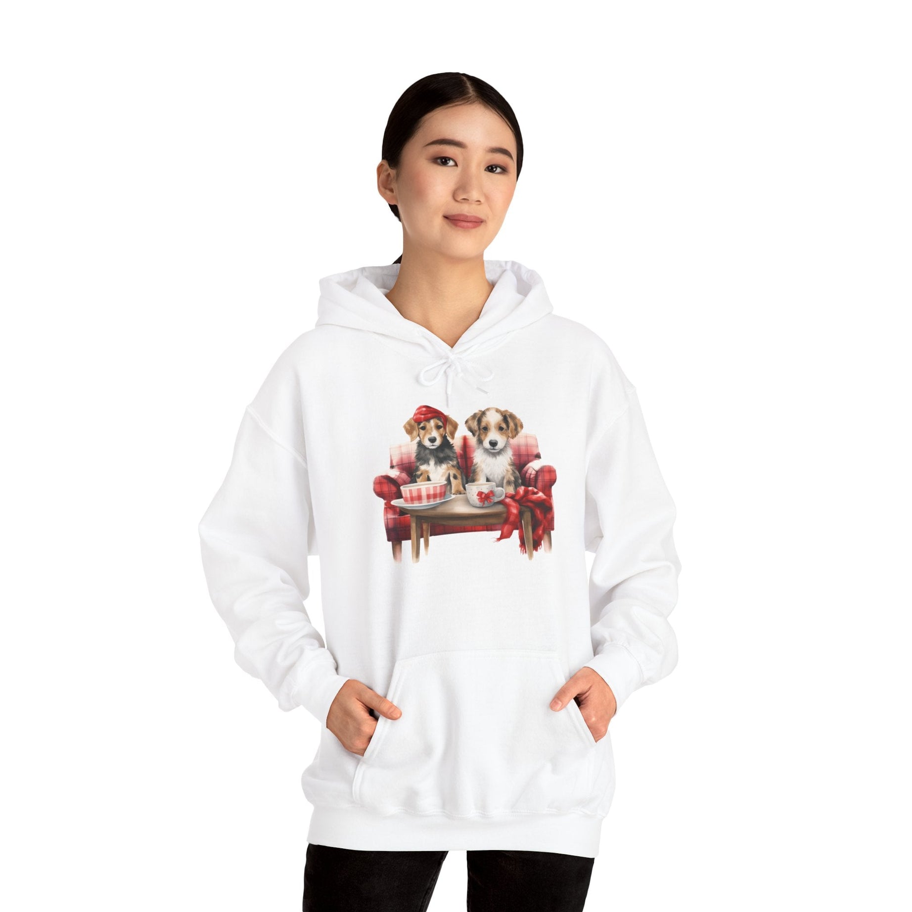 Christmas Hoodie - Festive Puppies on Sofa Design