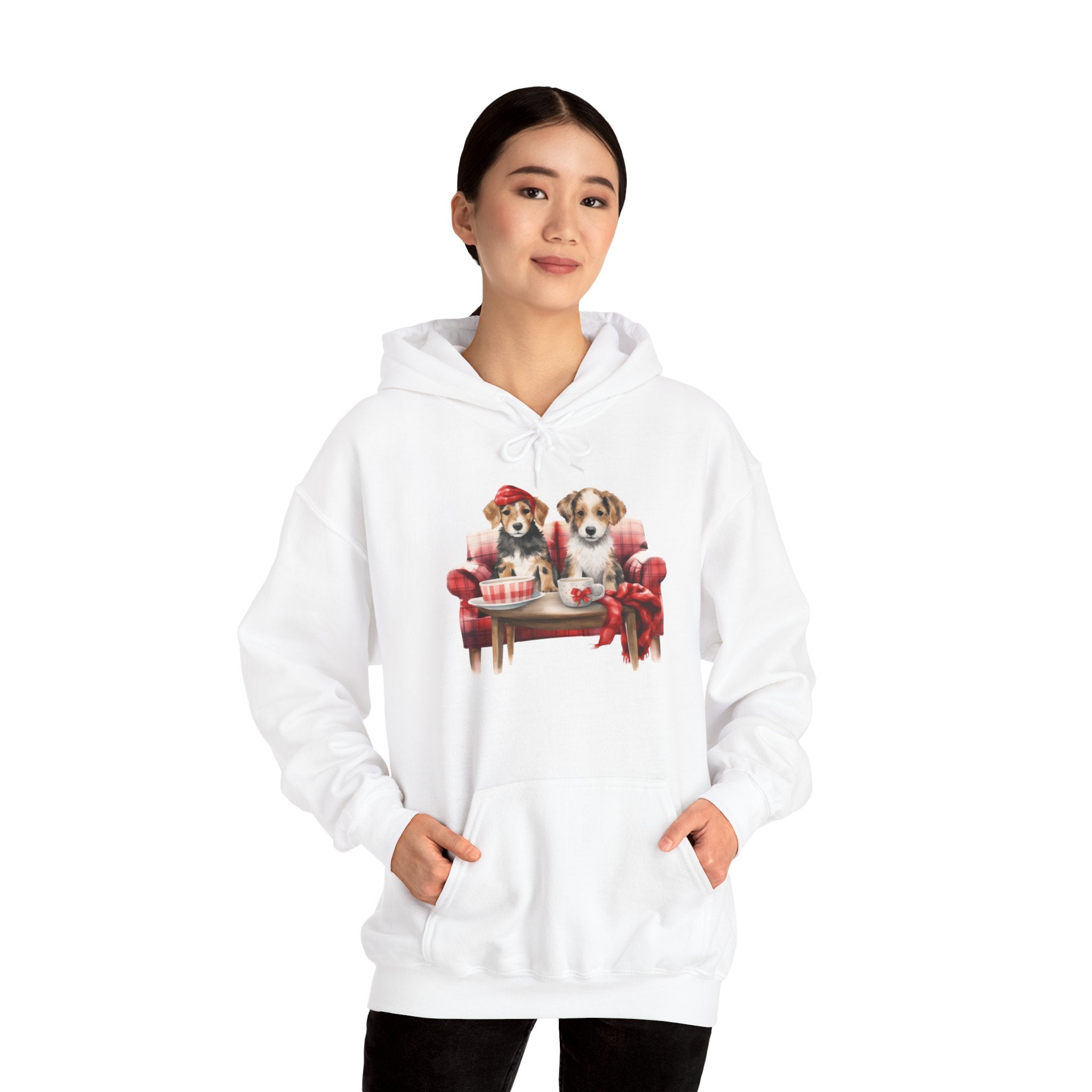 Christmas Hoodie - Festive Puppies on Sofa Design