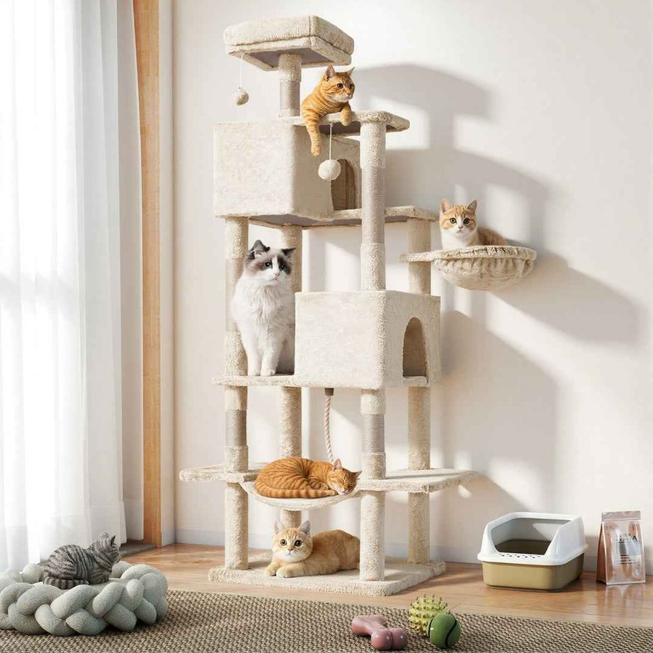 66-Inch Cat Tree Tower - Multi-Level with 2 Condos & Hammock