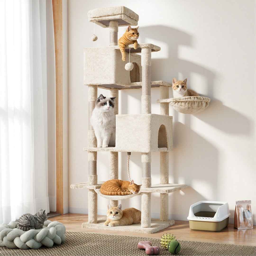 66-Inch Cat Tree Tower - Multi-Level with 2 Condos & Hammock