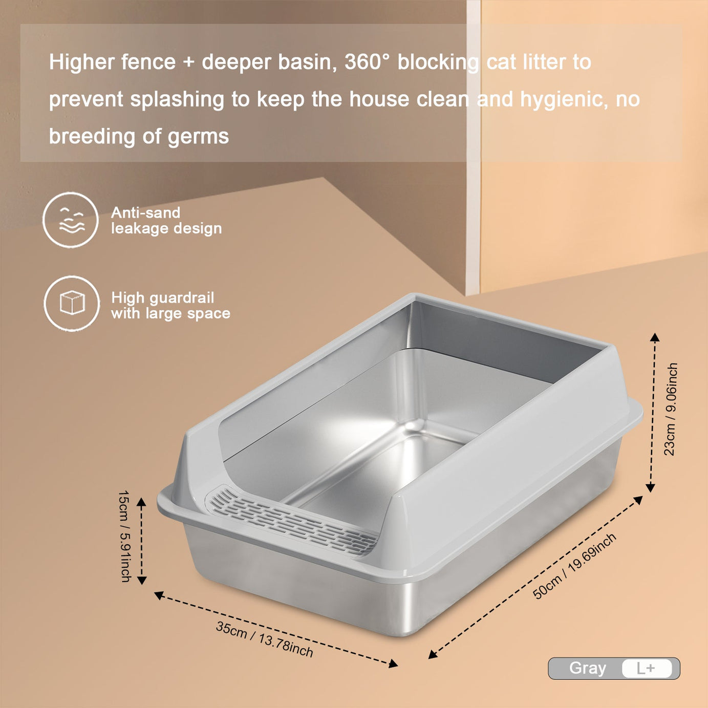 Cat Litter Box Oversized Stainless Steel - Semi-Enclosed Splash-Proof
