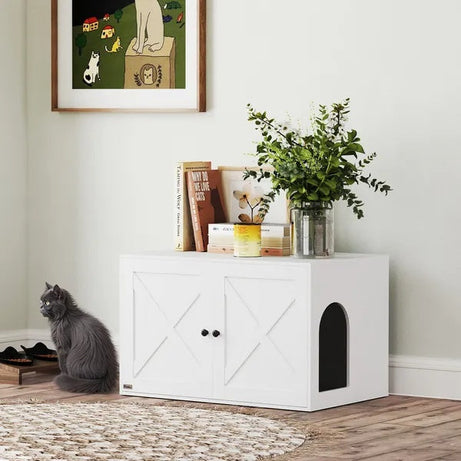 Side Table Cat Litter Box Enclosure With Barn Doors