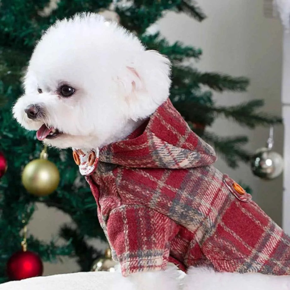 Pet Coat with Hood - Plaid Button-Down Jacket