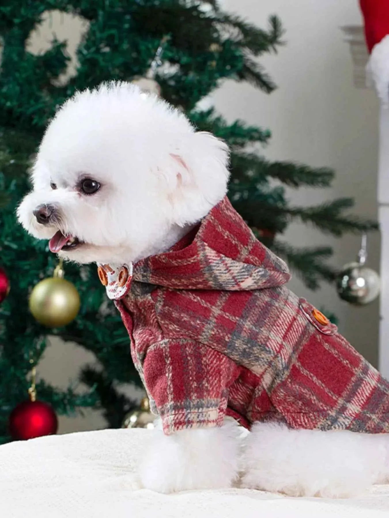 Pet Coat with Hood - Plaid Button-Down Jacket