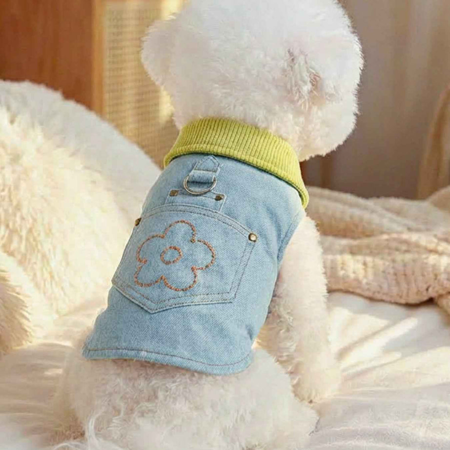 Dog Denim Flower Vest - Embroidered Pocket with Turtleneck Collar