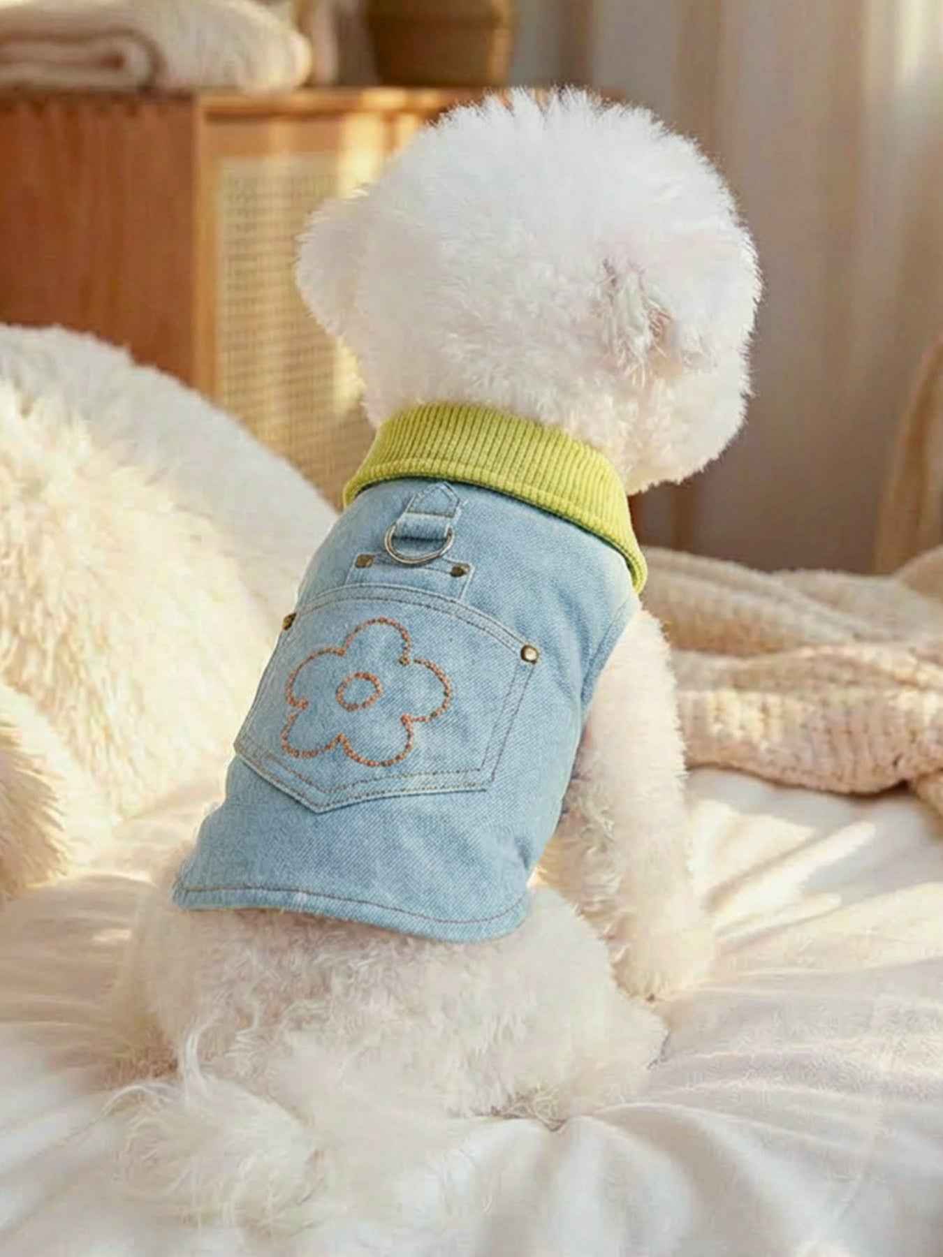 Dog Denim Flower Vest - Embroidered Pocket with Turtleneck Collar